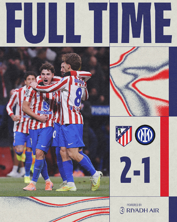 欧冠-国米1-2马竞 吉梅内斯补时绝杀 阿尔瓦雷斯破门