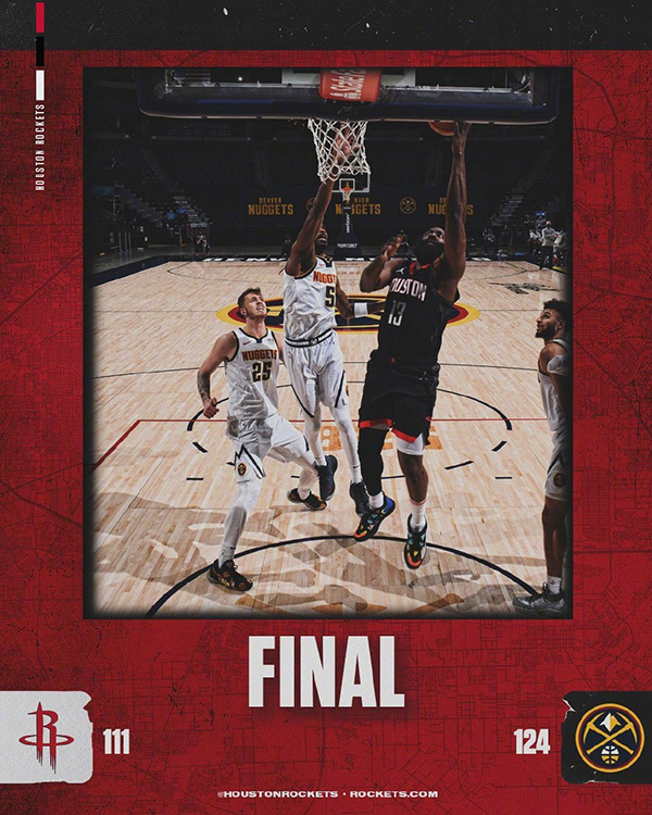 <a href=/lanqiu/zhibode/rockets/ target=_blank class=infotextkey>火箭</a>111-124不敌<a href=/lanqiu/zhibode/nuggets/ target=_blank class=infotextkey>掘金</a>